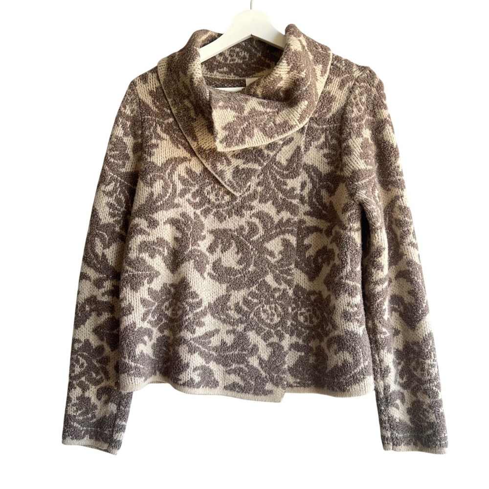 Chicos Damask Floral Crossover Cowl Neck Sweater Taupe Metallic Wool Blend Sz 1